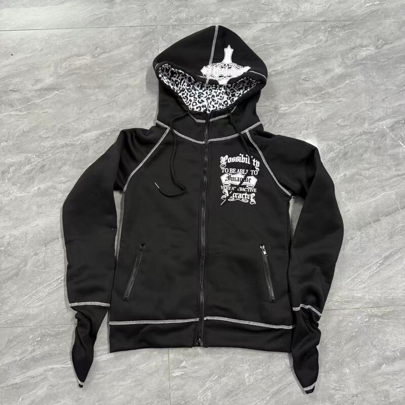 2254 Gothic Style Cardigan Leopard Print Cross Skull Hooded Sweatshirt Y2K Japanese Style Zipper Jacket for Women with Design Sense