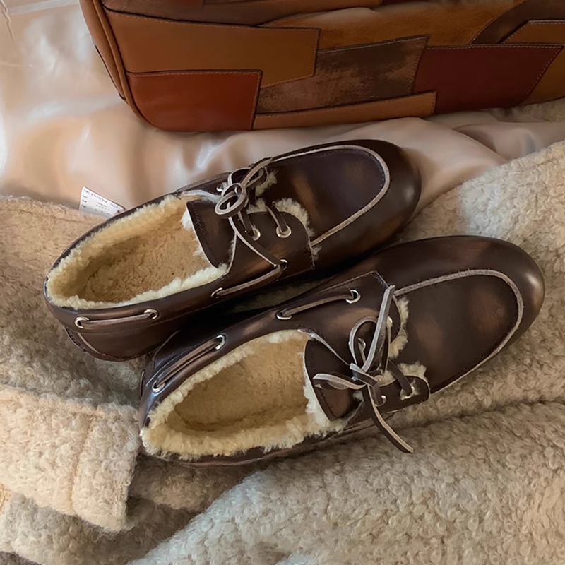 Cowhide Version ~ Retro Plush-Lined Warm Soft-Soled Loafers, Genuine Leather Lazy Shoes, Distressed Bean Shoes, Colored Single Shoes, Cotton Shoes