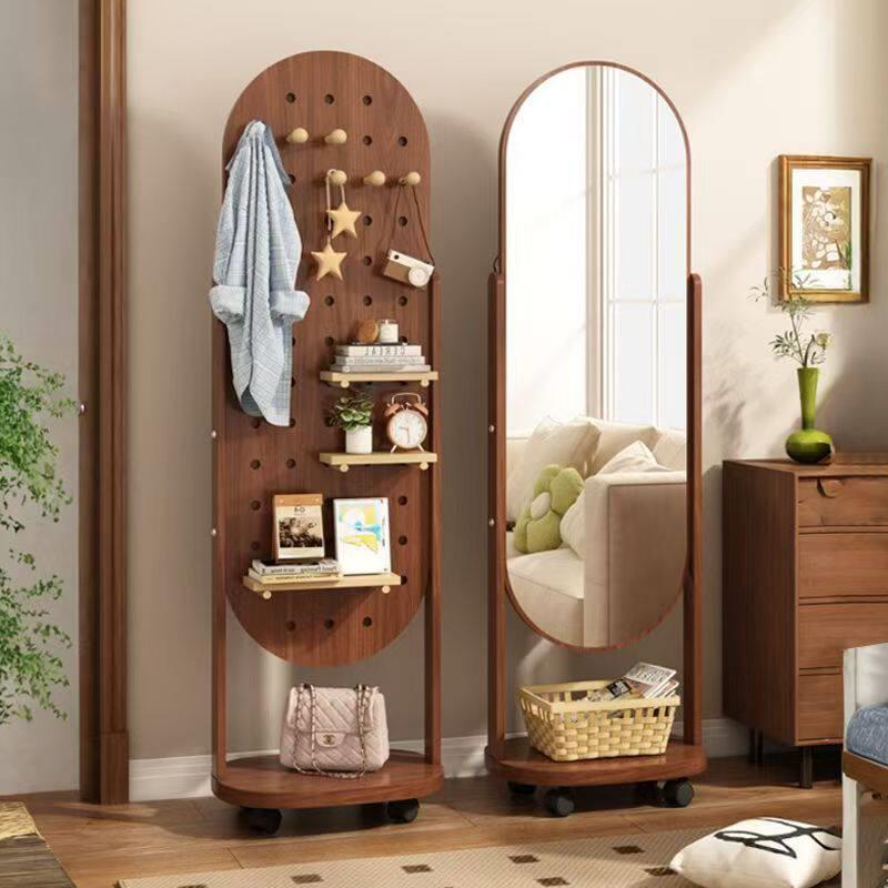 Movable universal wheel solid wood hole board with full-length mirror floor-standing 360-degree rotatable home storage rack
