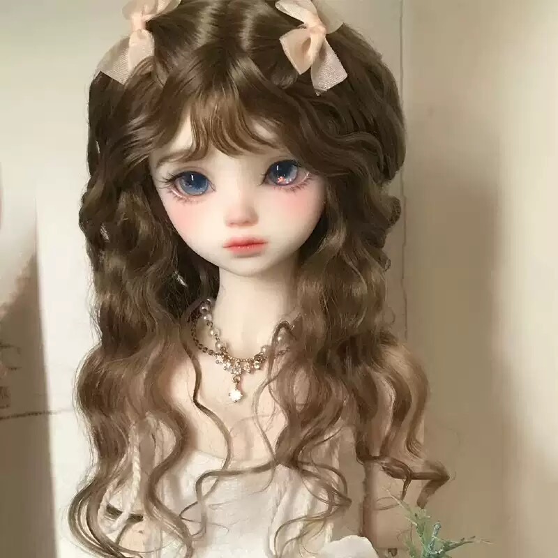 New Bjd Wig with High-Temperature Resistant Hair, 3/4/6 Inch Deep Brown Straight Bangs, Ocean Wave Long Curly Wig Base