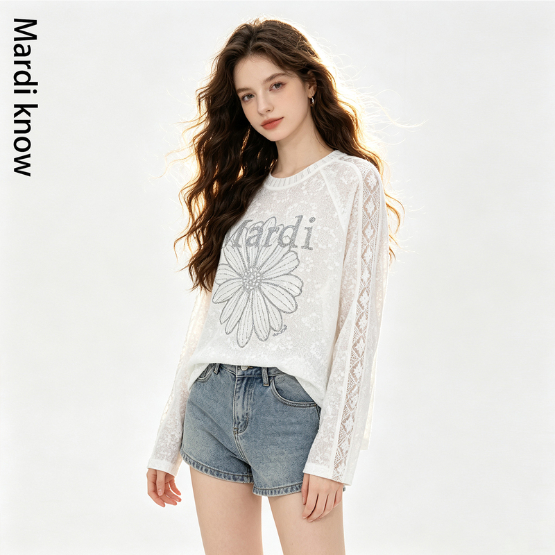Mardi Know Little Daisy Korean Style Thin Hollow White Long Sleeve T-Shirt Women's 2026 New Summer Top Mardi Know Little Daisy Korean Style Thin Hollow White Long Sleeve T-Shirt Women's 2026 New Summer Top