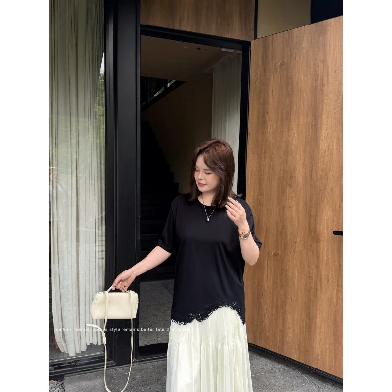 Jojo's Private Clothing | Wave Lace + Irregular Cut Plus-Size Summer Slimming Patchwork Short-Sleeve T-Shirt Mk14931 Jojo's Private Clothing | Wave Lace + Irregular Cut Plus-Size Summer Slimming Patchwork Short-Sleeve T-Shirt Mk14931