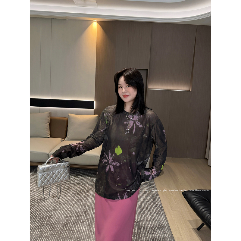 Jojo's Private Clothing | High-Elastic Breathable Mesh Fat mm Summer Oil Painting Print Long-Sleeved Blouse T-Shirt for Women Mk15145 Jojo's Private Clothing | High-Elastic Breathable Mesh Fat mm Summer Oil Painting Print Long-Sleeved Blouse T-Shirt for Women Mk15145
