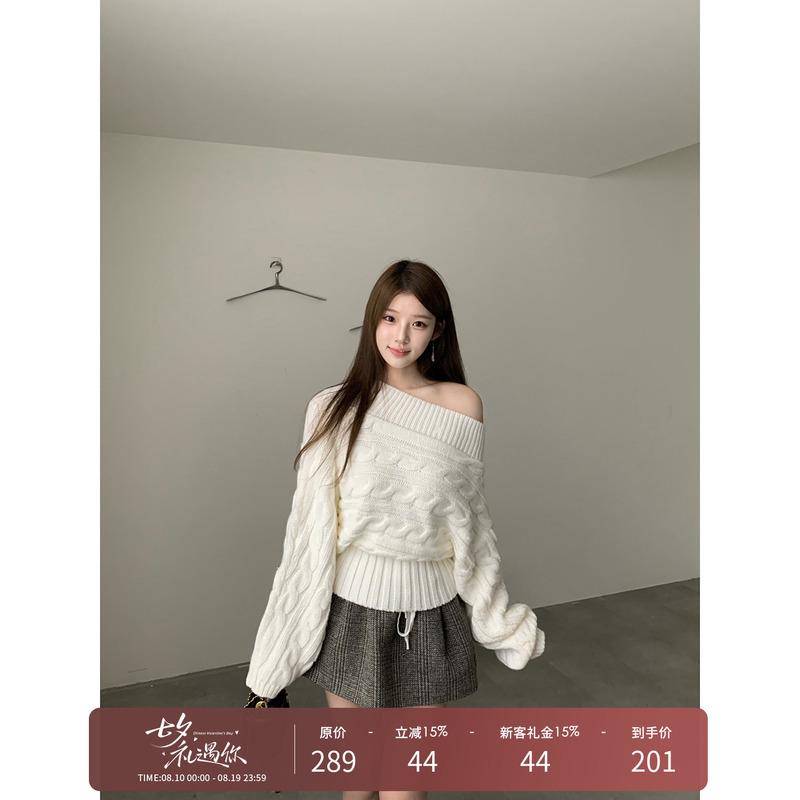 Rosymoor Retro White Cable-Knit Off-Shoulder Sweater for Women, Autumn and Winter, Elegant, Lazy, Loose, Slimming Knitted Top Rosymoor Retro White Cable-Knit Off-Shoulder Sweater for Women, Autumn and Winter, Elegant, Lazy, Loose, Slimming Knitted Top