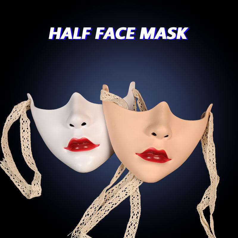 Ancient style, makeup, red lips, lower half face cosplay, beauty half face mask performance costume, mechanical style adult party for men and women.