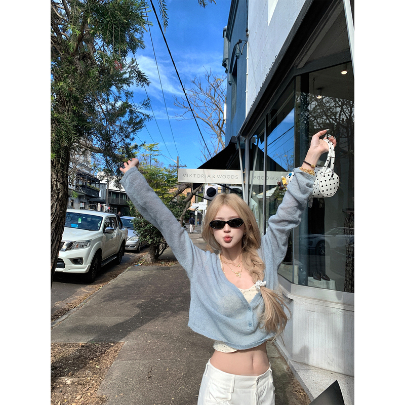 Ceezzzi Soft and Gentle Henry V-Neck Long-Sleeved Knit Sweater for Women, Autumn Loose Slimming Short Blouse Top
