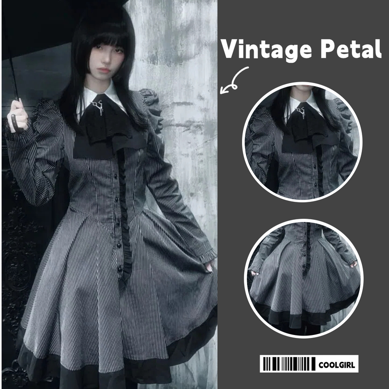 Retro Dark Gothic Striped Dress with Lace, Niche Design, Japanese Style, Waist-Cinching, Slimming Lolita Short Dress, New Model Retro Dark Gothic Striped Dress with Lace, Niche Design, Japanese Style, Waist-Cinching, Slimming Lolita Short Dress, New Model