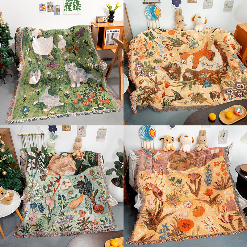 Healing Cartoon Cat Cotton Thread Woven Tapestry Sofa Blanket Cover Towel Home Nap Blanket Sofa Cushion Bedside Blanket
