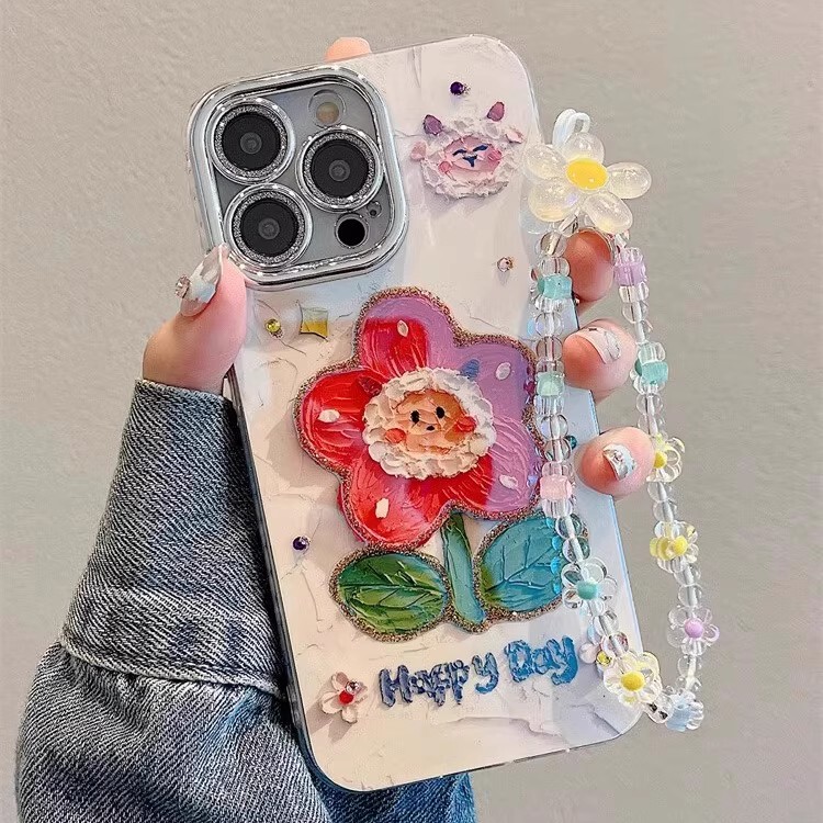 Japanese Eumeya [Comes with Lens Protector] Fresh Floral Design Suitable for Apple iPhone 17 Pro Max Phone Case New 16 Pro with Bracelet 15 for Women 14 Unique Non-Repetitive High-End Feel