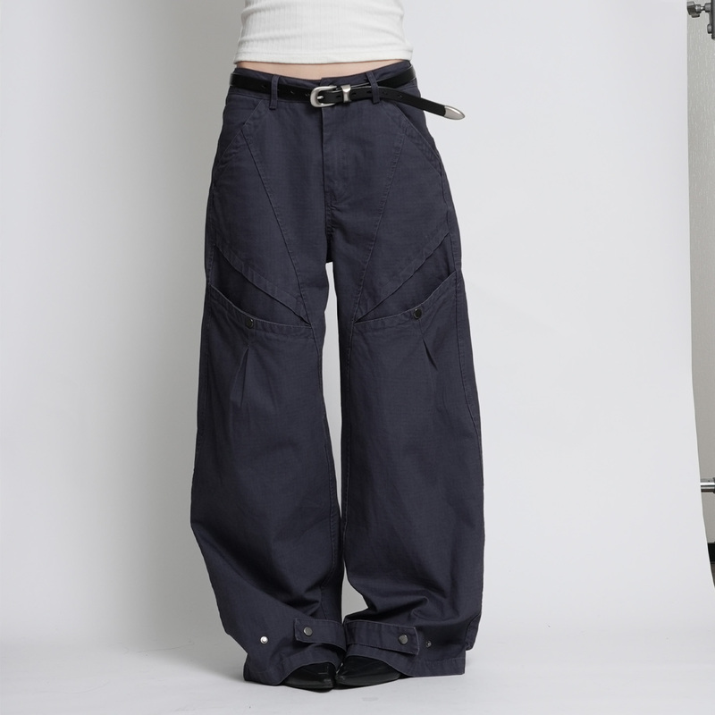 Siori French-Style Blue American Retro Workwear Wide-Leg Pants for Women, Loose Design with Multiple Pockets, Floor-Length Trousers Siori French-Style Blue American Retro Workwear Wide-Leg Pants for Women, Loose Design with Multiple Pockets, Floor-Length Trousers
