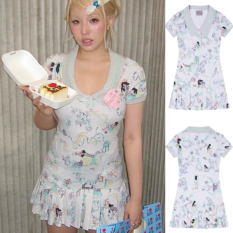 Ashley Williams Graffiti Cute Panda Print Shirt Collar Short-Sleeved Knitted Dress