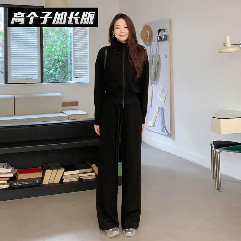 Kendall Jenner-Style High-Waisted Long Hoodie with Detachable Double-Ended Zipper and Wide-Leg Pants Set