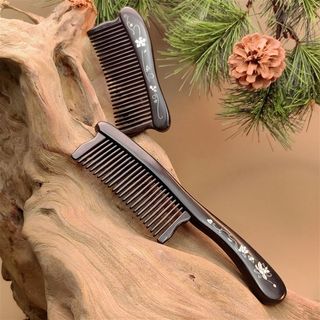 【卖檀翁】高档彩绘檀木插齿梳 天然镶齿家用木梳女士长发防打结