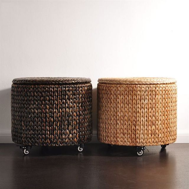 Storage stool, retro American pastoral mobile pulley round, storage stool with lid, storage box shelf