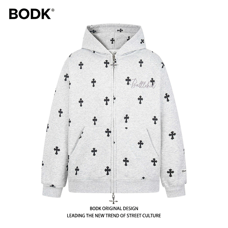 Bodk Original American Retro Full-Print Cross Cardigan Hooded Sweatshirt for Men and Women, Autumn and Winter Gothic Style Fleece Jacket