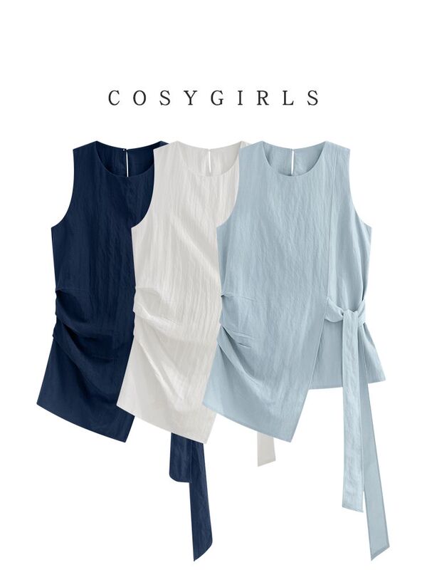 Irregular Chiffon Blouse for Women with Tie, New Summer Style, Waist-Cinching, Slimming Top, Outerwear, Elegant Round Neck, Sleeveless Vest, Trendy