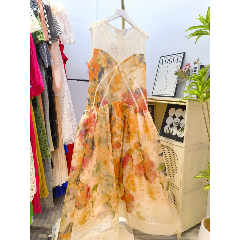 French Oil Painting Floral Sleeveless Dress