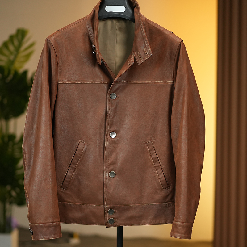 Simple and Stylish Calfskin Jacket, First-Layer Cowhide Harrington Leather Coat, Versatile for Spring and Autumn, Vintage Distressed Finish