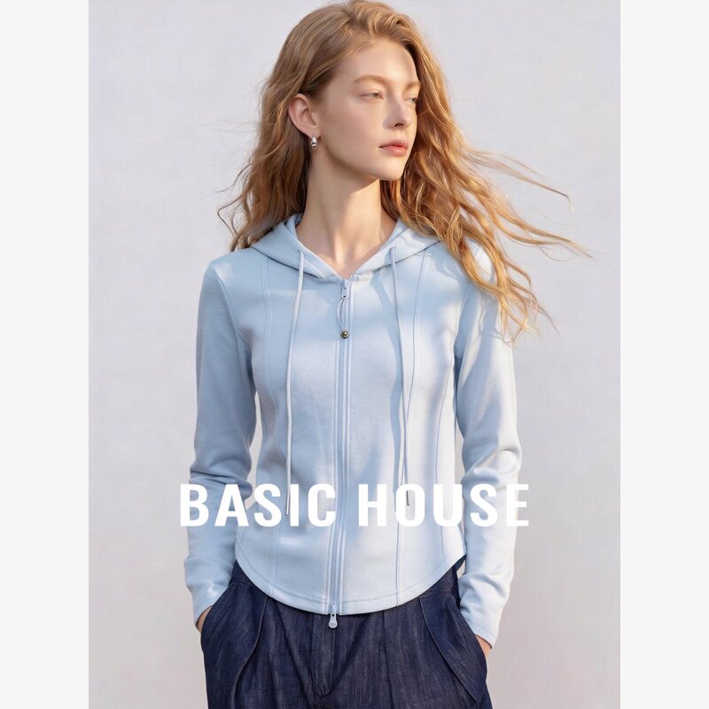 Baijiahao Korean Style Sporty Hooded Cropped Cardigan Sweatshirt Jacket for Women, Fitted Long-Sleeve Hoodie Top