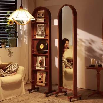 Middle-aged solid wood bookshelves floor-standing rotatable mobile storage living room storage rack home display magazine rack dressing mirror