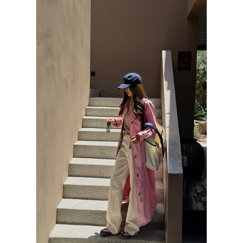 Matte Cotton Blend Retro Tortoiseshell Button Pointed Lapel Waist-Cinching Long Trench Coat Xy-8170