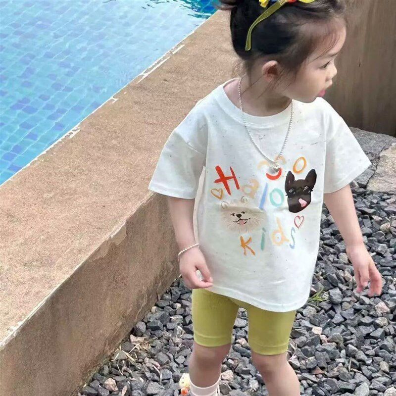 女童夏装卡通印花短袖T恤5分裤两件套宝宝夏款宽松上衣打底裤套装