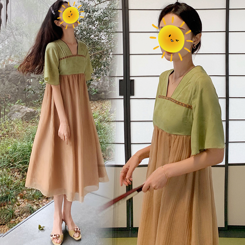 Pregnant Women's 2023 Summer New Style V-Neck Over-The-Knee Long Dress Chinese Style Ancient Costume Hanfu Fairy-Like Loose Color-Blocked Dress Pregnant Women's 2023 Summer New Style V-Neck Over-The-Knee Long Dress Chinese Style Ancient Costume Hanfu Fairy-Like Loose Color-Blocked Dress