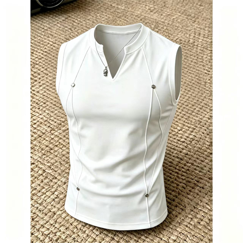 American-Style High Street Pleated Studded V-Neck Vest for Men, Summer Trendy Design, Sweat-Absorbent Sleeveless T-Shirt for Fitness American-Style High Street Pleated Studded V-Neck Vest for Men, Summer Trendy Design, Sweat-Absorbent Sleeveless T-Shirt for Fitness