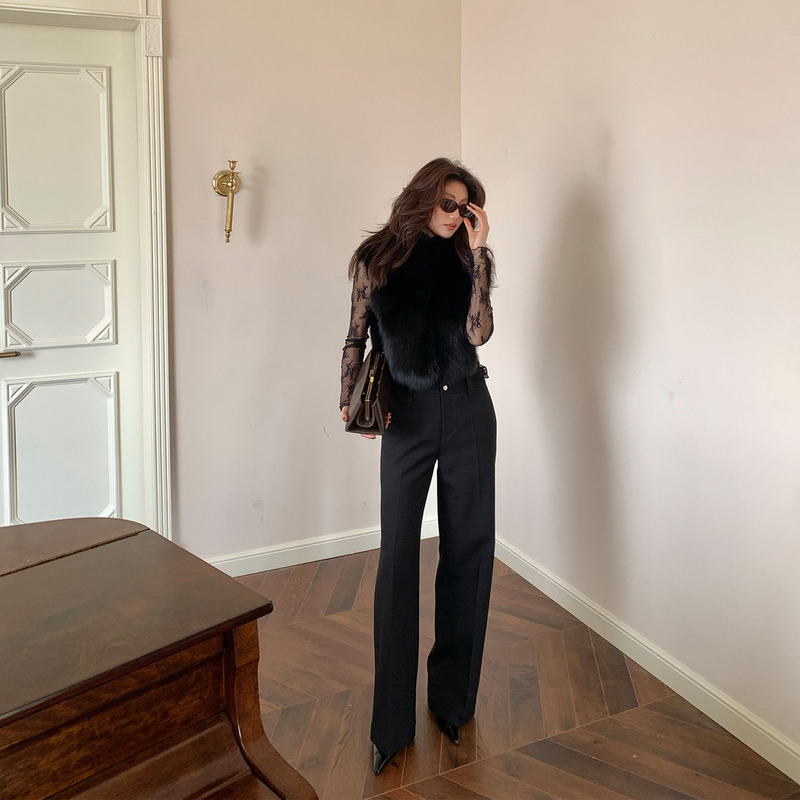 Alonesavor Long Xier Commuting Versatile Wool Blend Suit Pants High Waist Slightly Tapered Casual Wide Leg Pants J441