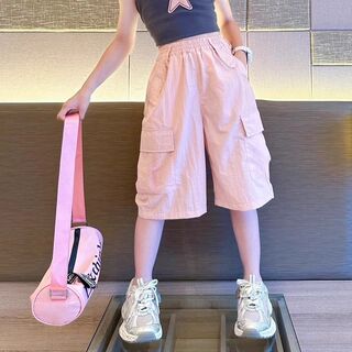 Girls' pink cargo shorts, big girls' summer mid-pants, trendy and cool children's summer thin cropped pants, quick-drying pants