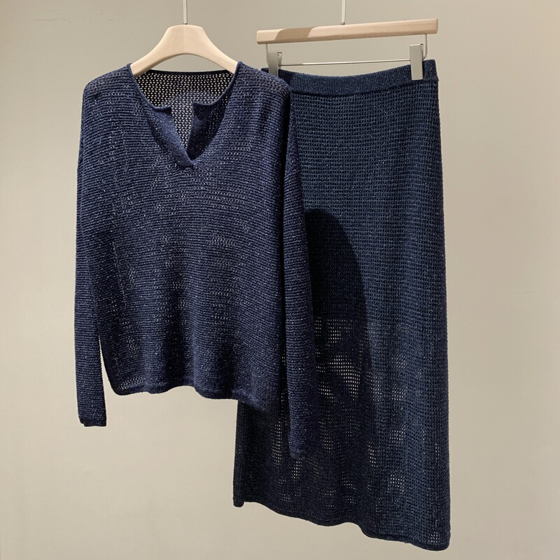 Xiaohe Rare Model~ Genuine Original Yarn 100% Silk Dotted Yarn Hollow-Out Royal Blue V-Neck Knitted Top and Skirt Set