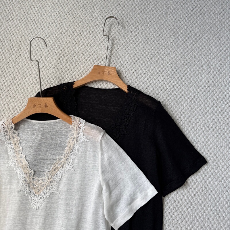 Very French Style! French Single Gd Pure Tailoring Lace Splicing V-Neck Linen Top T-Shirt for Women, Summer 26 Very French Style! French Single Gd Pure Tailoring Lace Splicing V-Neck Linen Top T-Shirt for Women, Summer 26
