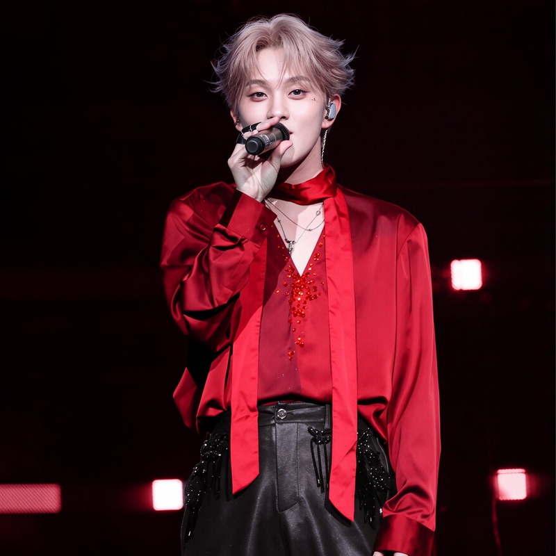 Zhang Xingte Celebrity-Inspired Red Satin Shirt for Men with Rhinestones, V-Neck, Ribbon Design, Stage-Style Long-Sleeve Top