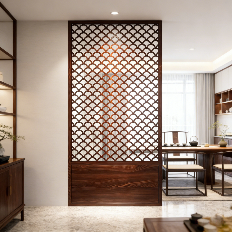 New Chinese-Style Fish Scale Pattern Screen Partition for the Living Room, Facing the Entrance Door, Blocking the View of the Foyer, Modern Grille with Solid Wood Dragon Scale Pattern