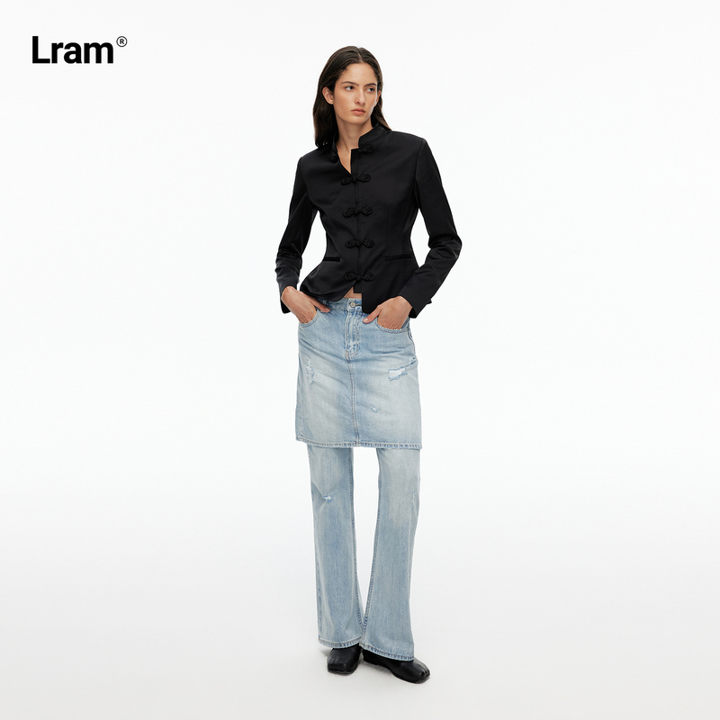 Lram Retro High-Waisted Faux Two-Piece Light Washed Blue Frayed Hem Distressed Straight-Leg Denim Skirt Pants Lm2630151