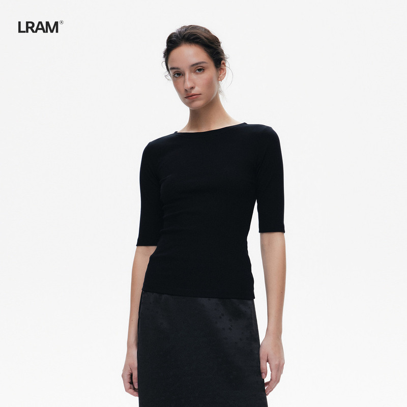 Lram'Little Waist' Cotton Blend Skin-Friendly Slim-Fit High-End Mid-Sleeve Ribbed Off-Shoulder Atmospheric T-Shirt 0034 Lram'Little Waist' Cotton Blend Skin-Friendly Slim-Fit High-End Mid-Sleeve Ribbed Off-Shoulder Atmospheric T-Shirt 0034