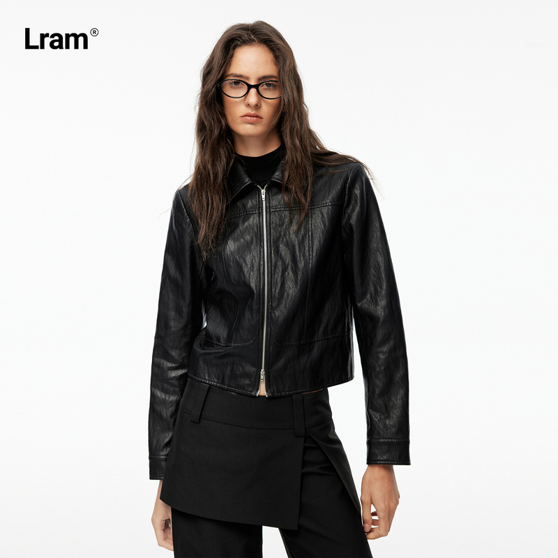 Lram Retro Pleated Texture Eco-Friendly Leather Short Lapel Faux Leather Jacket Lm2630577