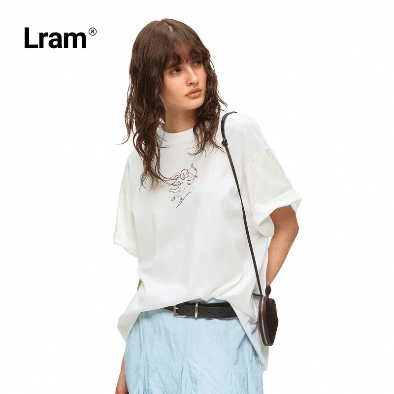 Lram "Cupid T” 100% Cotton Skin-Friendly Printed Embroidered Loose Short-Sleeved T-Shirt Lm2630326
