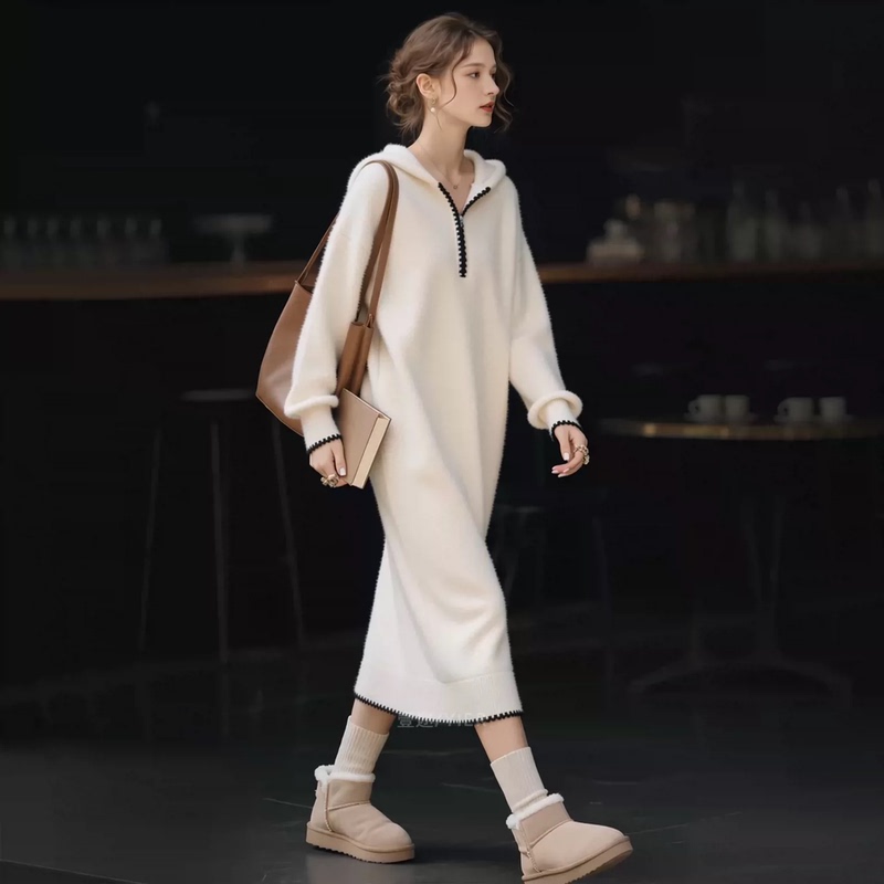 2026 Winter New Style Lazy Style Hooded Casual Simple Sweatshirt Dress Women's Loose Long Fashionable Elegant Dress 2026 Winter New Style Lazy Style Hooded Casual Simple Sweatshirt Dress Women's Loose Long Fashionable Elegant Dress