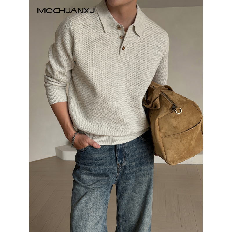 Mochuanxu【Basic Cotton Yarn 32 Count】Simple Pullover Twill Knit Polo Shirt Men's Top for Autumn Mochuanxu【Basic Cotton Yarn 32 Count】Simple Pullover Twill Knit Polo Shirt Men's Top for Autumn