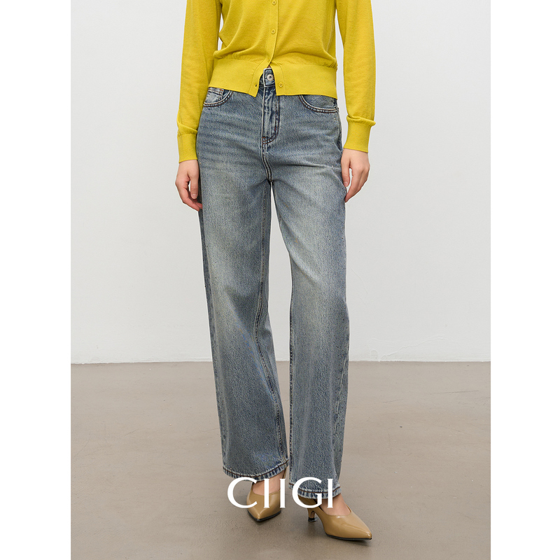 Siji G271 Retro Blue Rhinestone Jeans! Long-Staple Cotton High-Waisted Straight-Leg Washed Vintage Pants That Are Slimming and Versatile