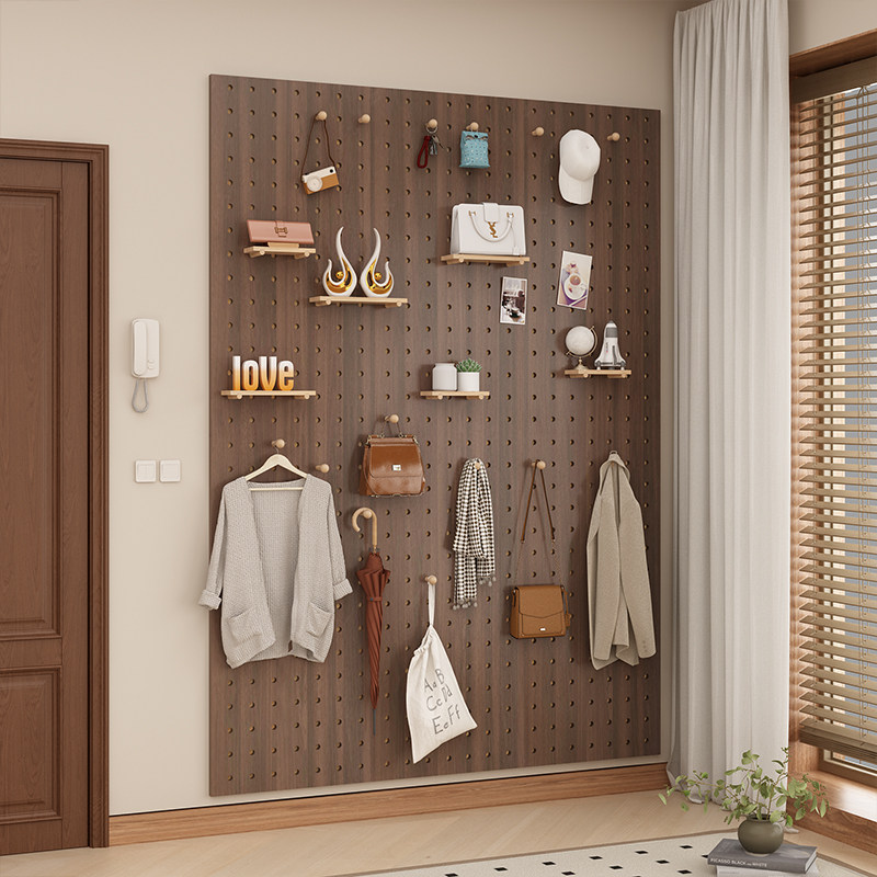 Solid wood perforated board storage rack, entrance wall hanging clothes storage shelf, customizable desk wall shape display