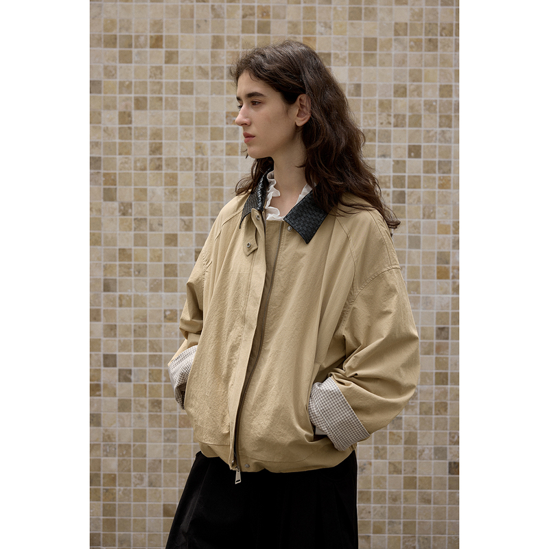 Nice People Color-Blocked Woven Leather Collar Short Reversible Plaid Lining Flight Jacket Short Coat Nice People Color-Blocked Woven Leather Collar Short Reversible Plaid Lining Flight Jacket Short Coat