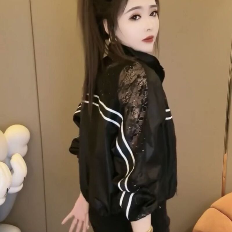 2026 Summer New European Style Trendy Solid Color Sunscreen Short Jacket Women's Sports Casual Lace Patchwork Jacket Top