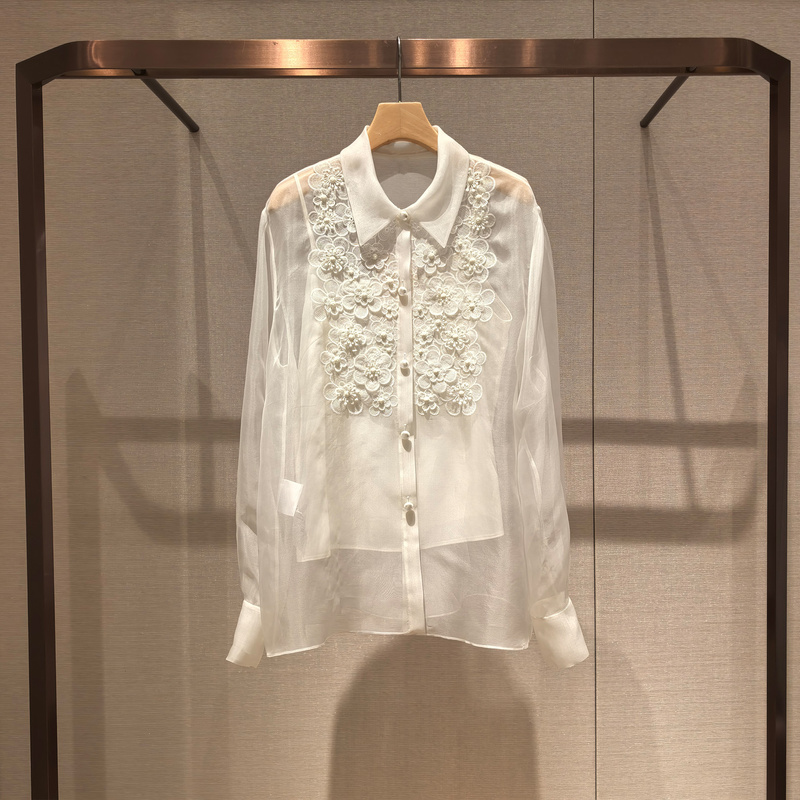 2026 Spring New White Mulberry Silk Shirt with Mesh Hollow Embroidery Silk Blouse Top Xsj1C01D