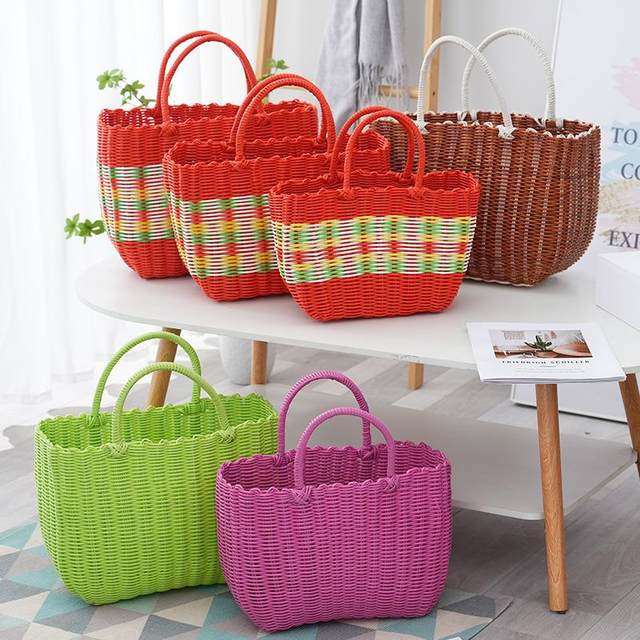Plastic woven shopping basket colorful handmade vegetables basket bag grocery shopping bath basket bathroom rattan bathroom basket storage picnic