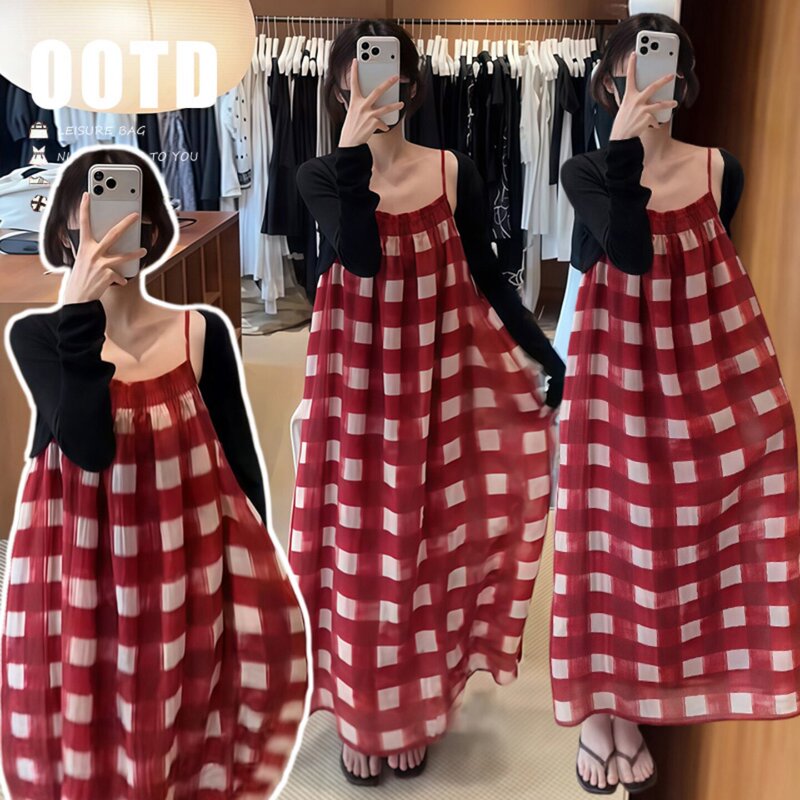 Plus Size Women's Clothing for Fat Girls, Summer Dress 2026 New Style Red Plaid Suspender Skirt, Sun Protection Top Set, Summer Plus Size Women's Clothing for Fat Girls, Summer Dress 2026 New Style Red Plaid Suspender Skirt, Sun Protection Top Set, Summer