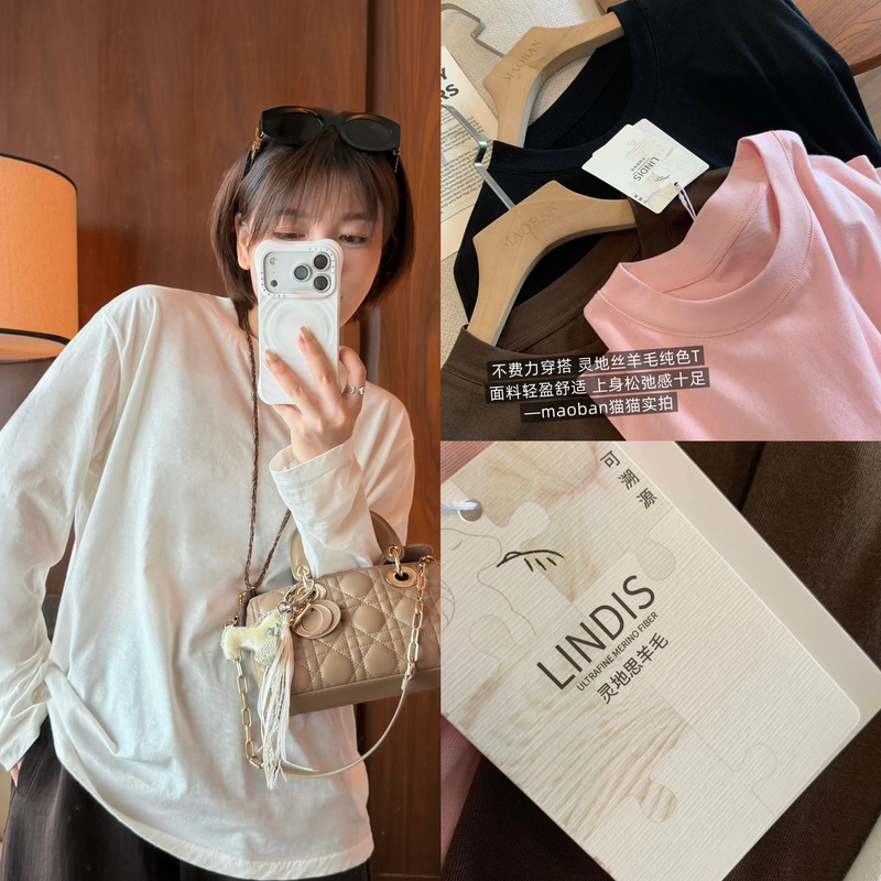Expensive Goods! Only for Those Who Understand the Product: King Ling Di Si Wool High-Quality Outerwear Base Layer Loose Long-Sleeve T-Shirt with a Small Round Neck