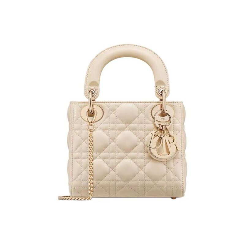 Dior Luxury Brand 99% New Mini Lady Dior Three-Compartment Light Ivory Patent Leather Chain Women's Bag Wz