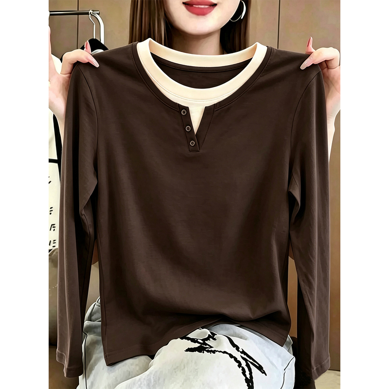 Fake Two-Piece Buttoned Pure Cotton Long-Sleeve T-Shirt for Women, 2026 New Fashion Versatile Stylish Coffee-Colored Top for Spring and Autumn Fake Two-Piece Buttoned Pure Cotton Long-Sleeve T-Shirt for Women, 2026 New Fashion Versatile Stylish Coffee-Colored Top for Spring and Autumn
